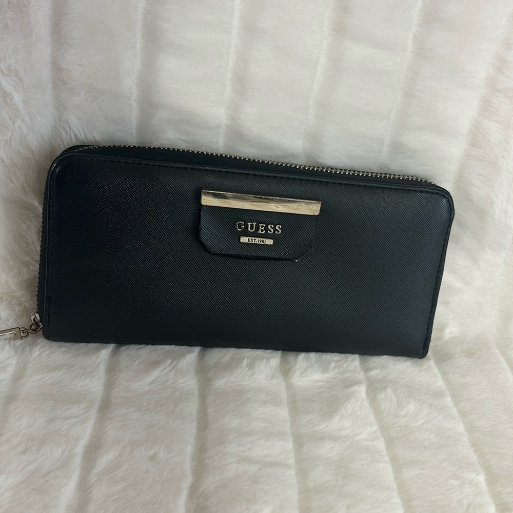 Guess wallet wristlet black with silver hardware.